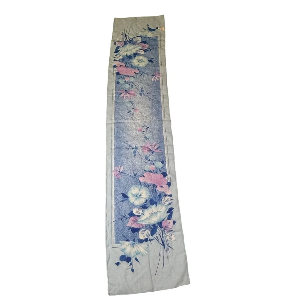 VTG Floral Scarf Silken Polyester by Birkshire Blue Pink 54x12 Cottagecore Retro